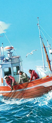 Les pêcheurs. L'illustration sur l'emballage de fruits de mer.