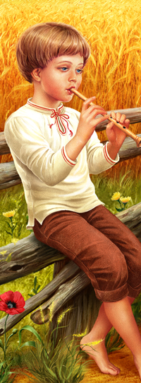 Un garçon joue sur une fille de pipe. L'illustration sur le paquet de flocons d'avoine.